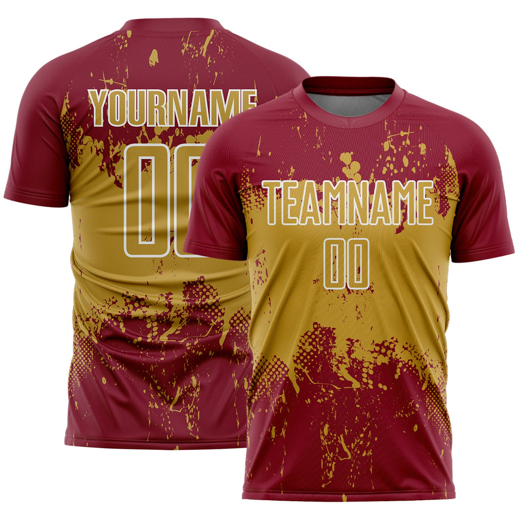 Custom Crimson Old Gold-White Abstract Splatter Grunge Art Sports Sublimation Soccer Uniform Jersey