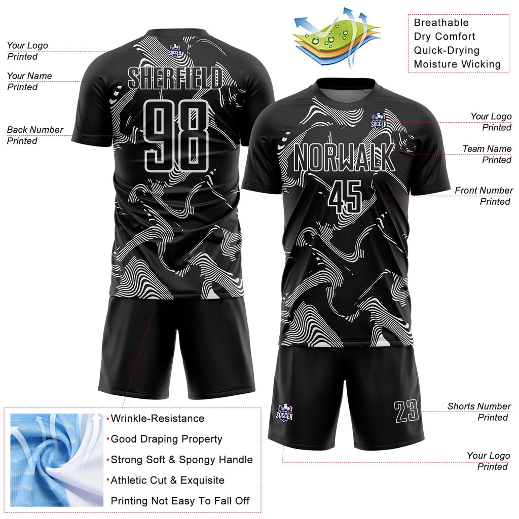 Custom Black White Curve Lines Sports Sublimation Soccer Uniform Jersey