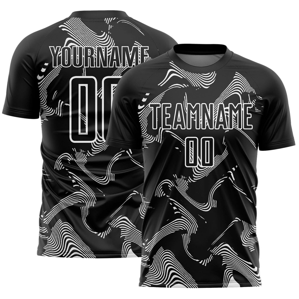 Custom Black White Curve Lines Sports Sublimation Soccer Uniform Jersey
