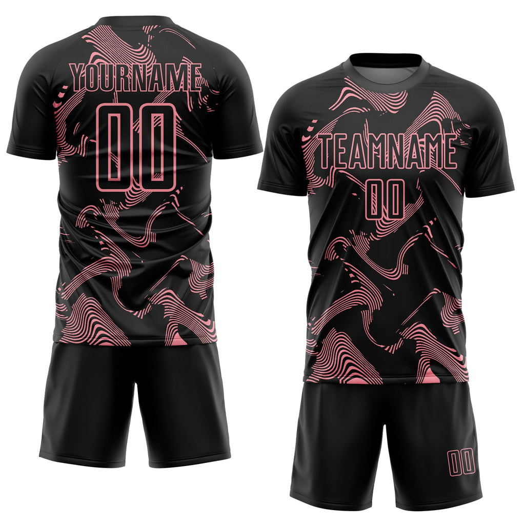 Custom Black Medium Pink Curve Lines Sports Sublimation Soccer Uniform Jersey