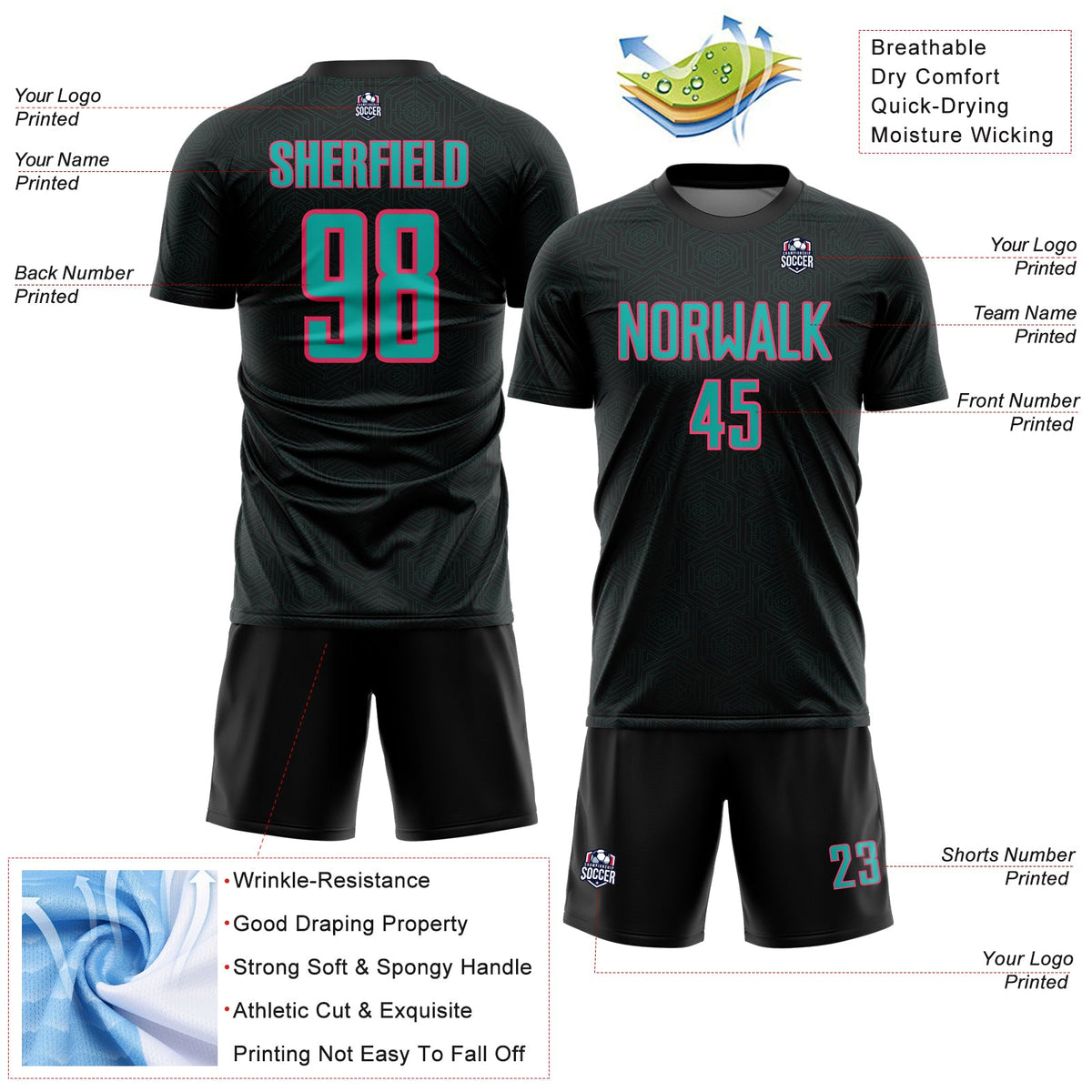 Custom Black Aqua-Neon Pink Geometric Shape Sports Sublimation Soccer Uniform Jersey