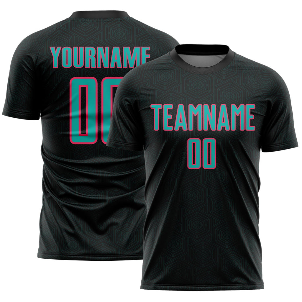 Custom Black Aqua-Neon Pink Geometric Shape Sports Sublimation Soccer Uniform Jersey