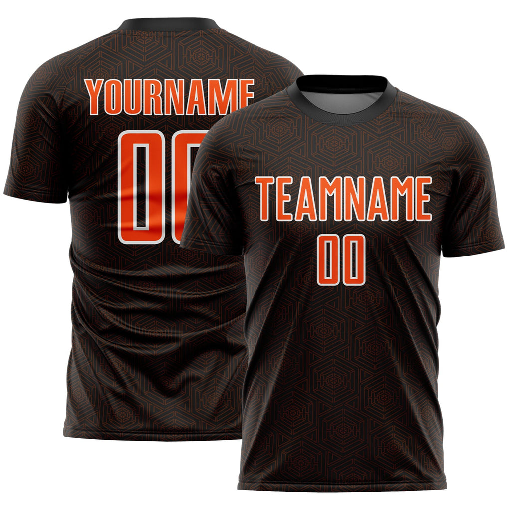 Custom Black Orange-White Geometric Shape Sports Sublimation Soccer Uniform Jersey
