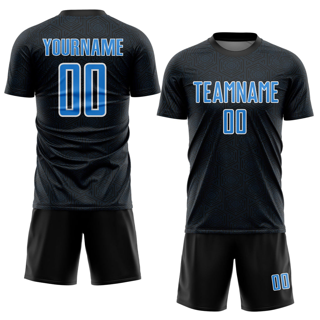 Custom Black Powder Blue-White Geometric Shape Sports Sublimation Soccer Uniform Jersey