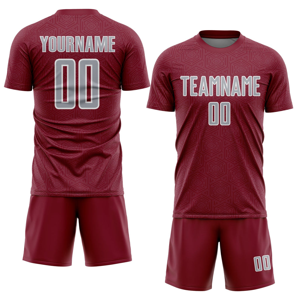 Custom Crimson Gray-White Geometric Shape Sports Sublimation Soccer Uniform Jersey