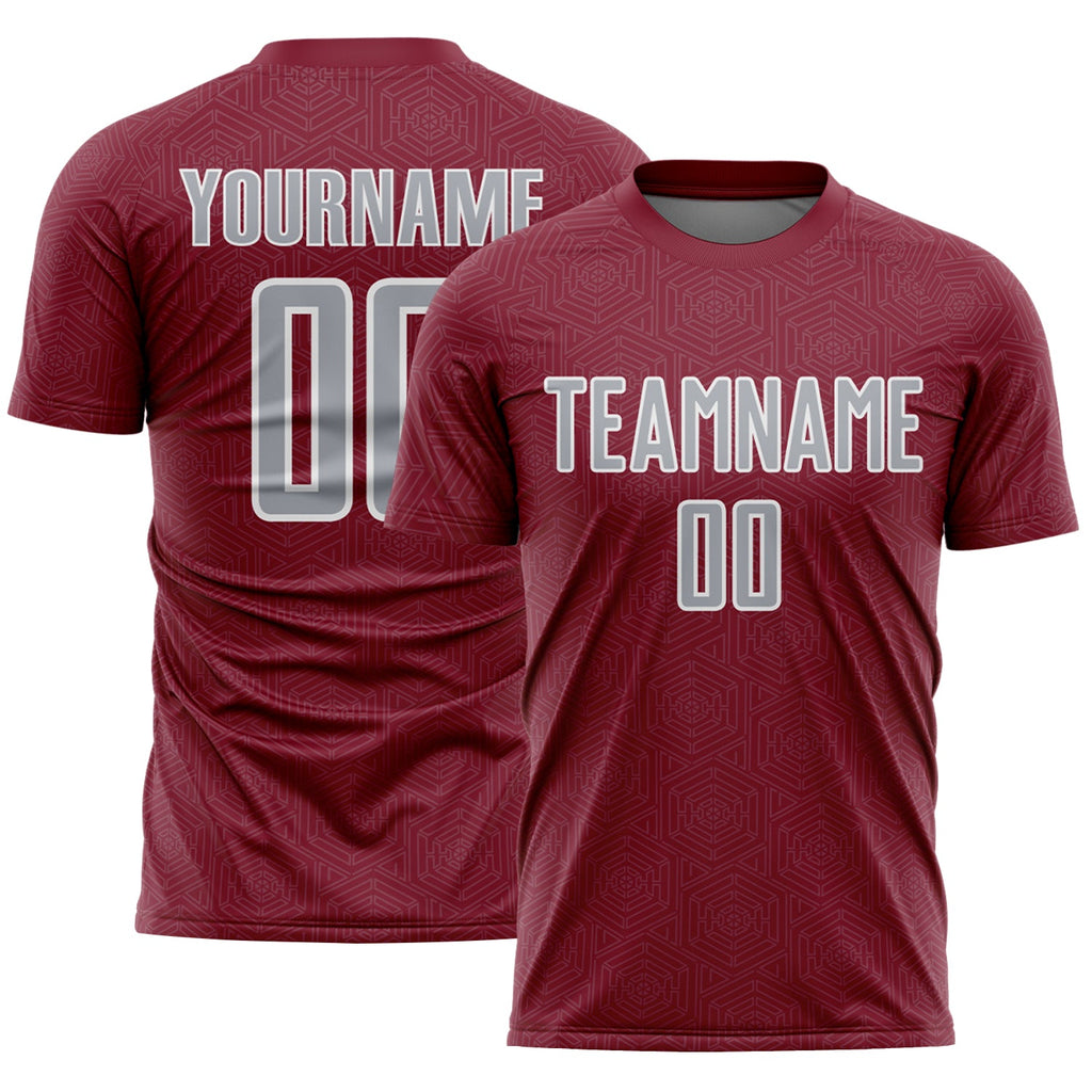 Custom Crimson Gray-White Geometric Shape Sports Sublimation Soccer Uniform Jersey