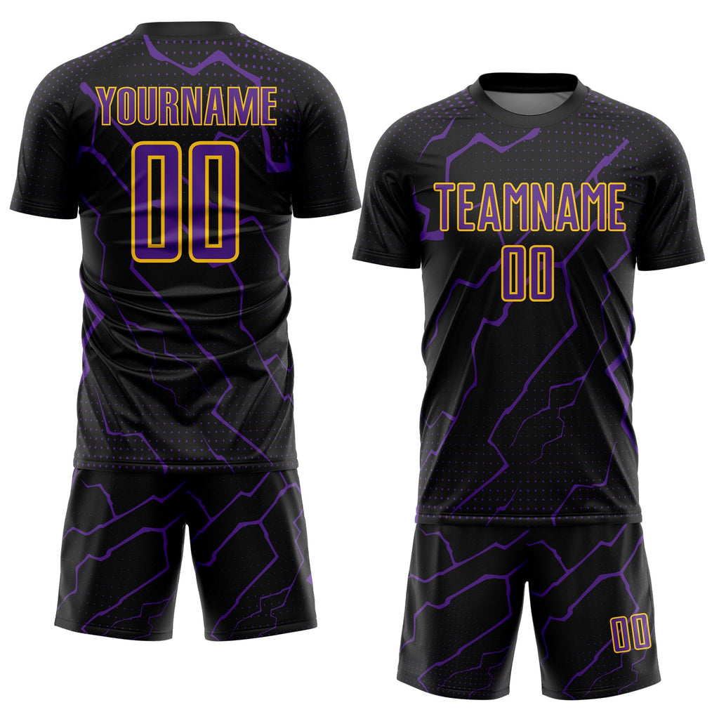 Custom Black Purple-Yellow Lightning Sports Sublimation Soccer Uniform Jersey
