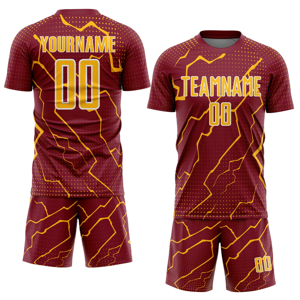 Custom Crimson Gold-White Lightning Sports Sublimation Soccer Uniform Jersey