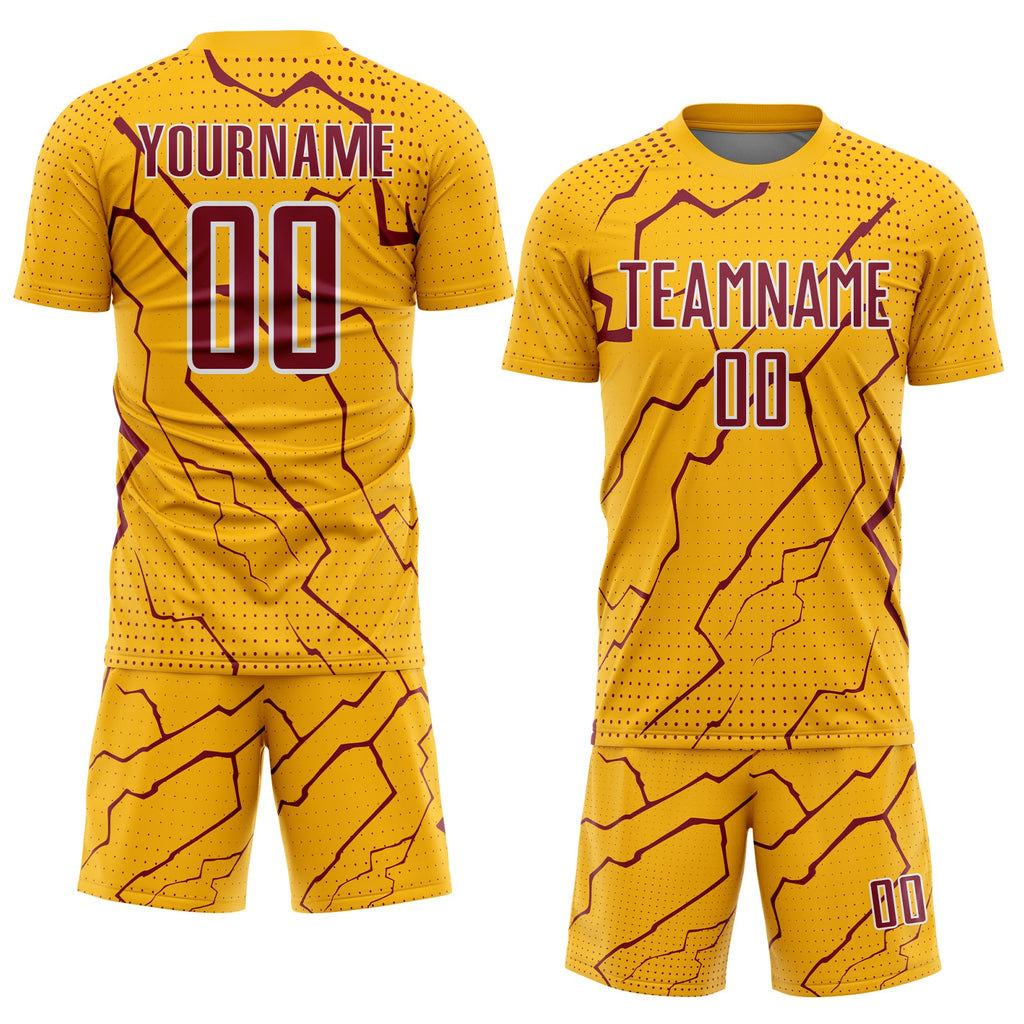 Custom Gold Crimson-White Lightning Sports Sublimation Soccer Uniform Jersey