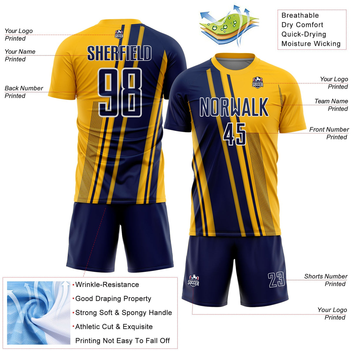 Custom Gold Navy-White Lines Sports Sublimation Soccer Uniform Jersey