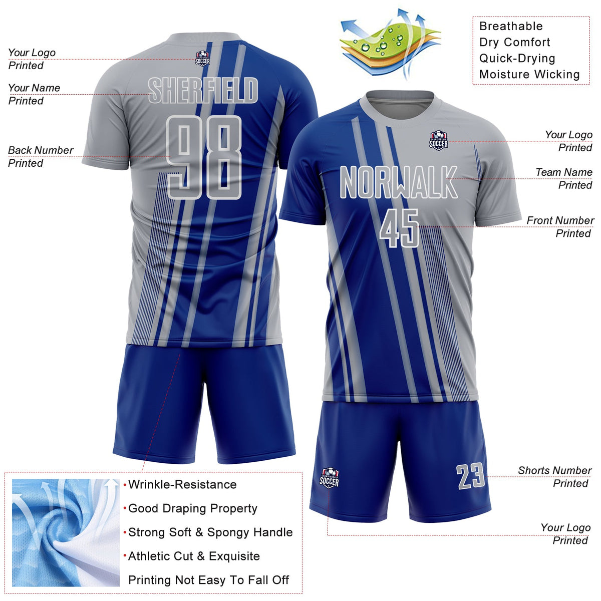 Custom Gray Royal-White Lines Sports Sublimation Soccer Uniform Jersey