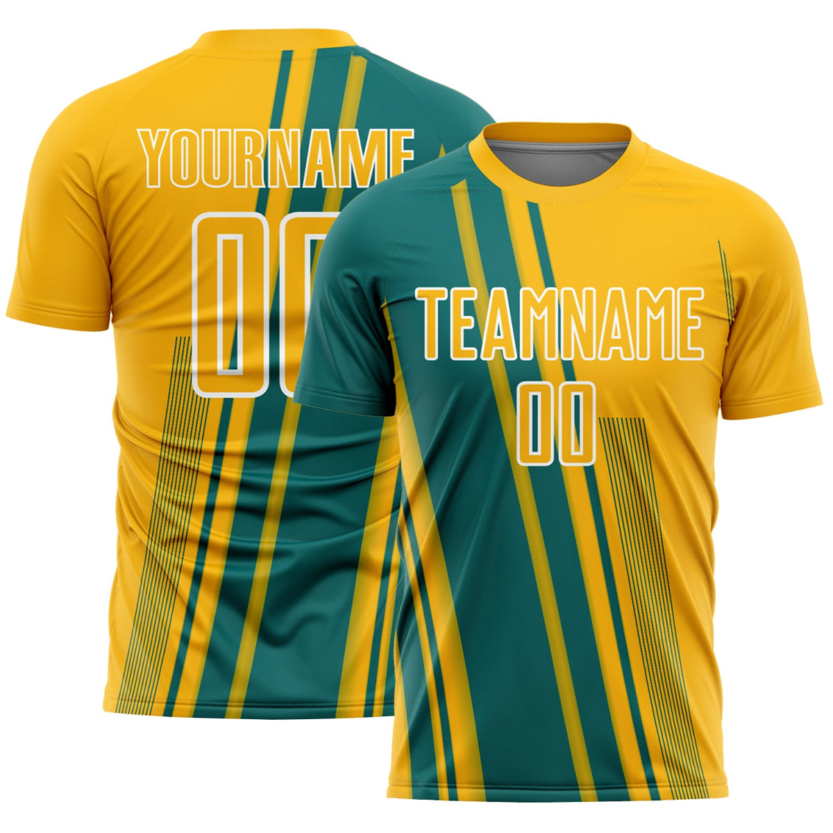 Custom Gold Teal-White Lines Sports Sublimation Soccer Uniform Jersey