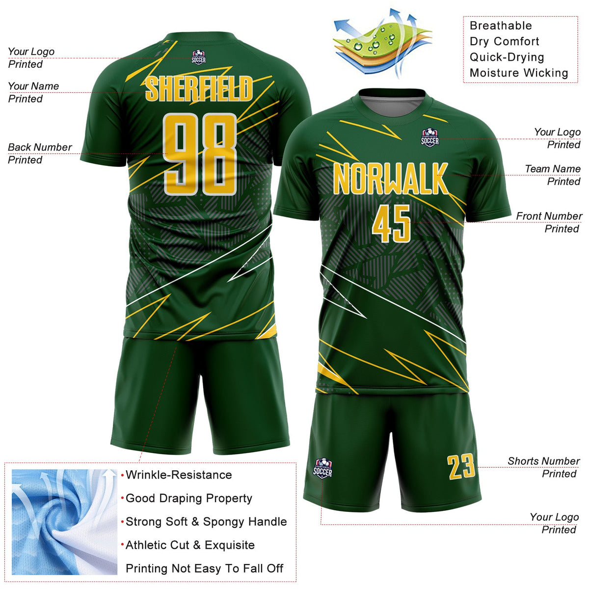 Custom Green Yellow-White Lines Sports Sublimation Soccer Uniform Jersey