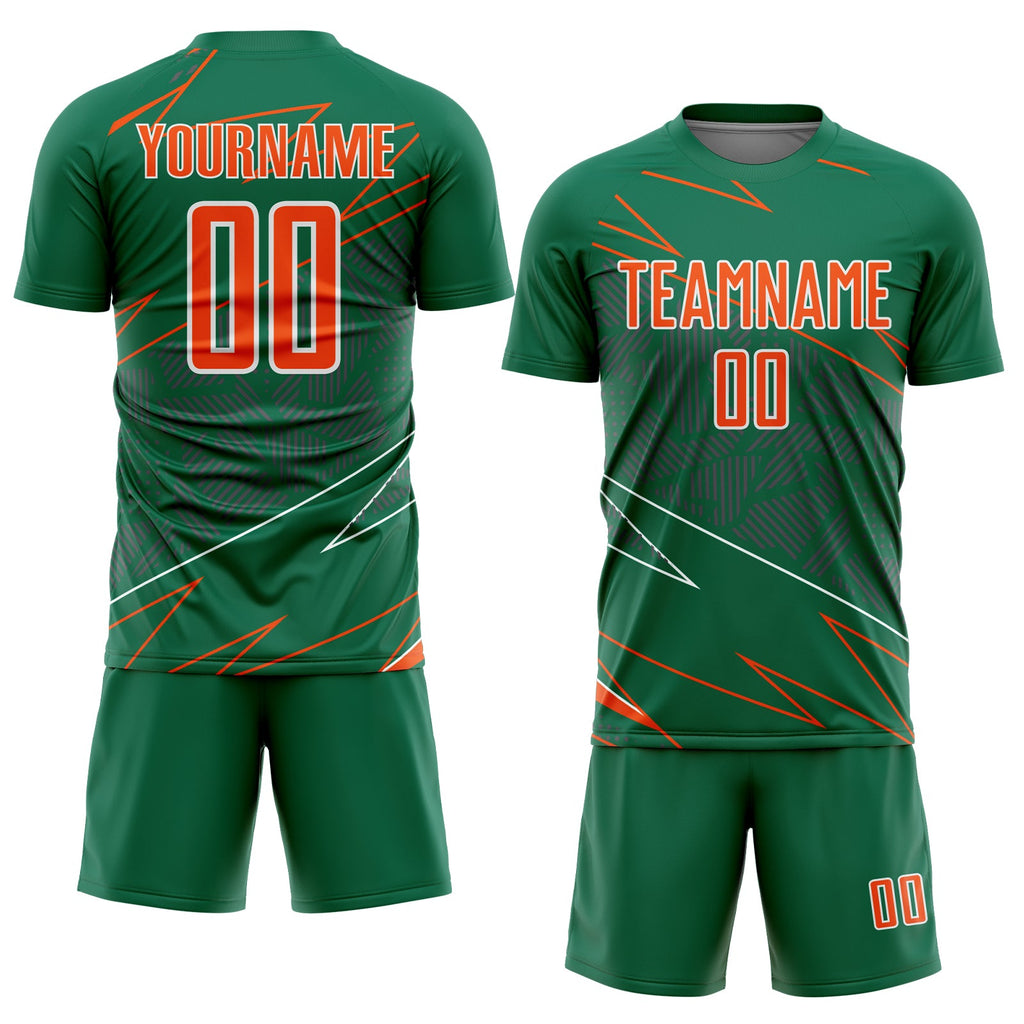 Custom Kelly Green Orange-White Lines Sports Sublimation Soccer Uniform Jersey