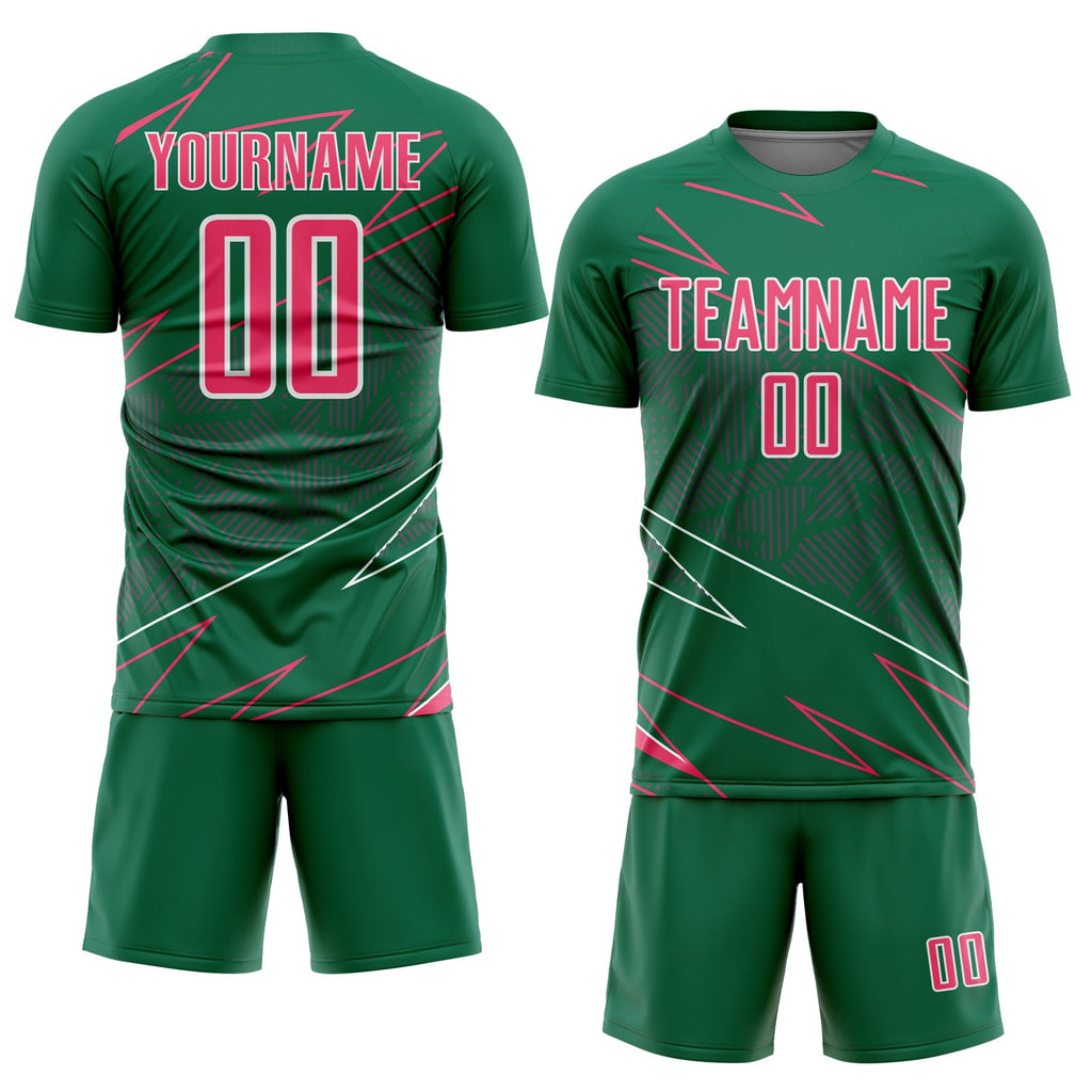 Custom Kelly Green Neon Pink-White Lines Sports Sublimation Soccer Uniform Jersey