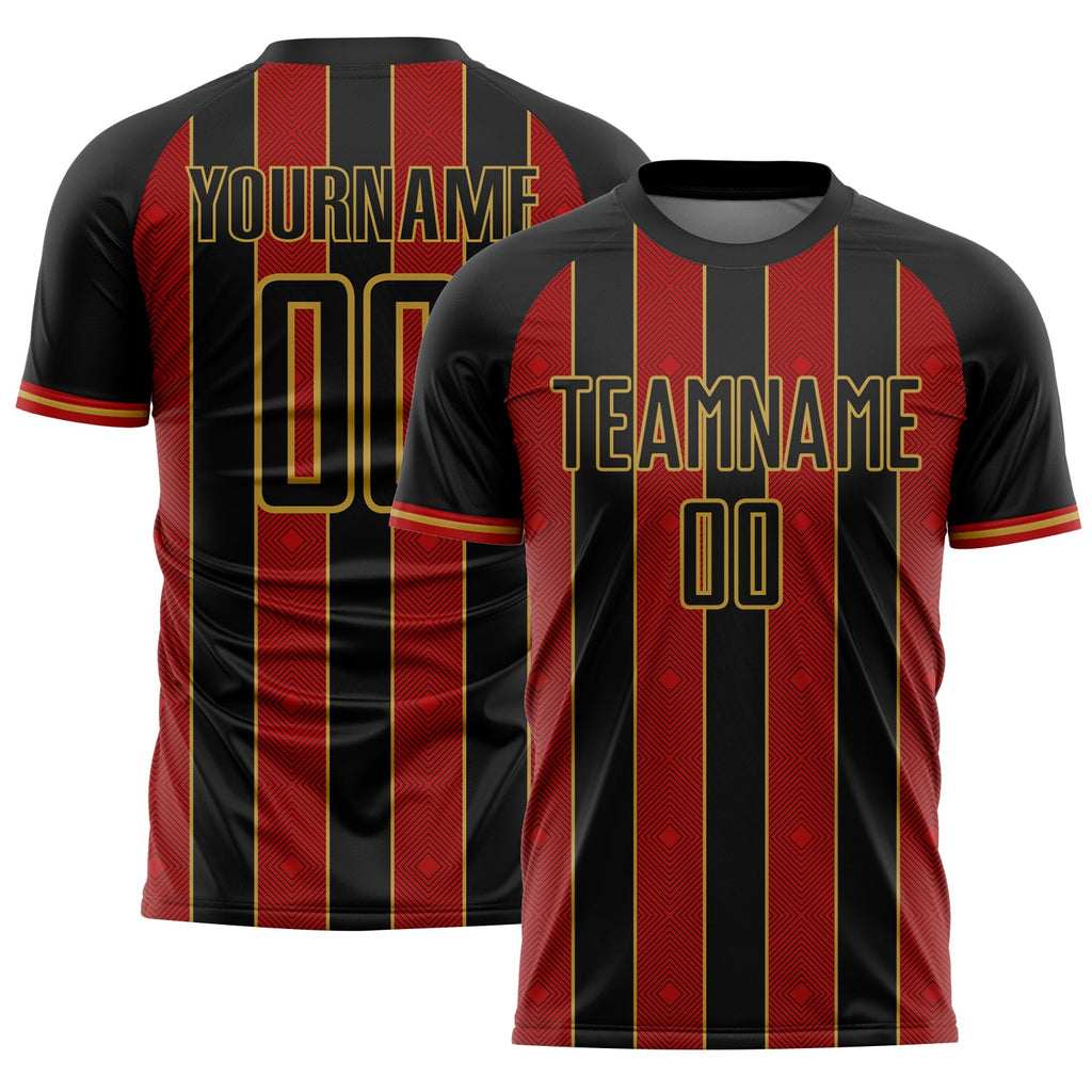 Custom Black Red-Old Gold Pinstripe Line Sports Sublimation Soccer Uniform Jersey