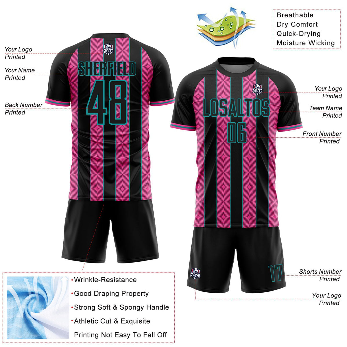 Custom Black Pink-Teal Pinstripe Line Sports Sublimation Soccer Uniform Jersey