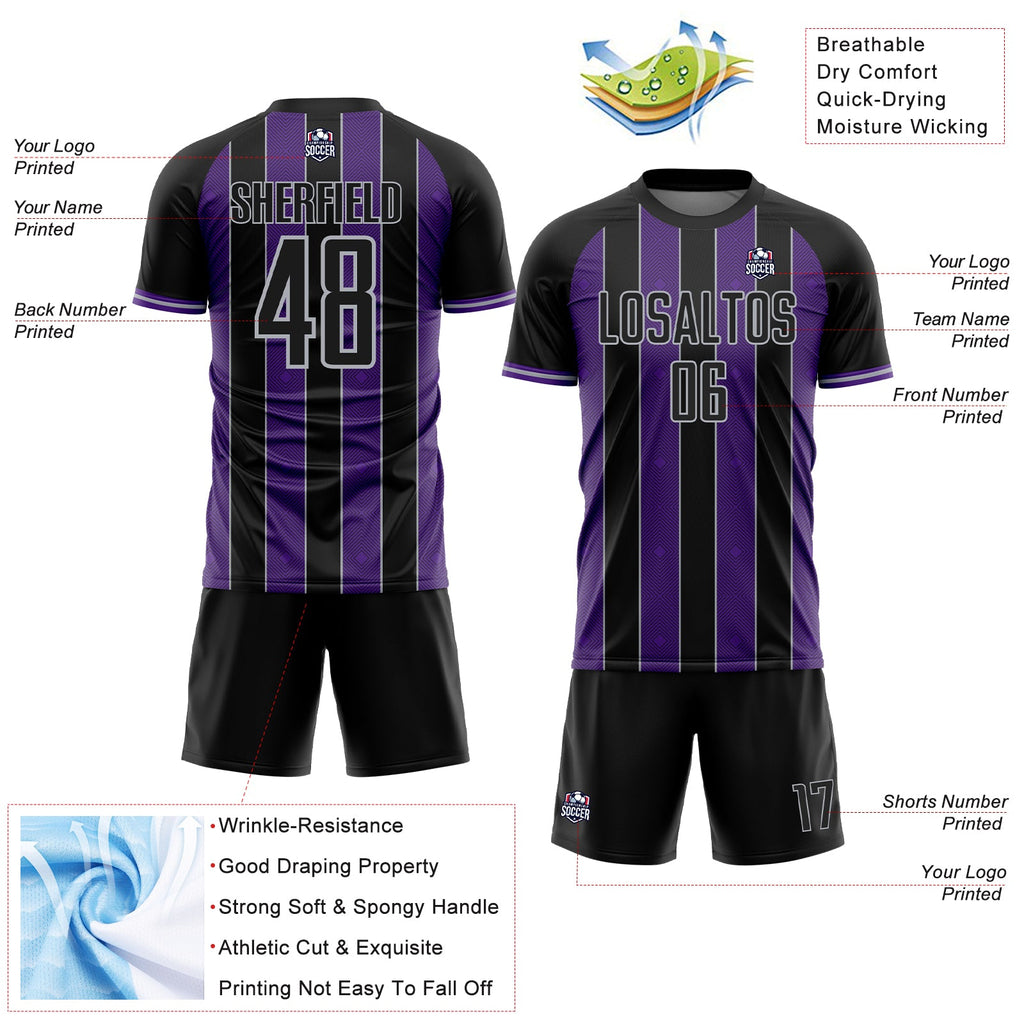 Custom Black Purple-Gray Pinstripe Line Sports Sublimation Soccer Uniform Jersey