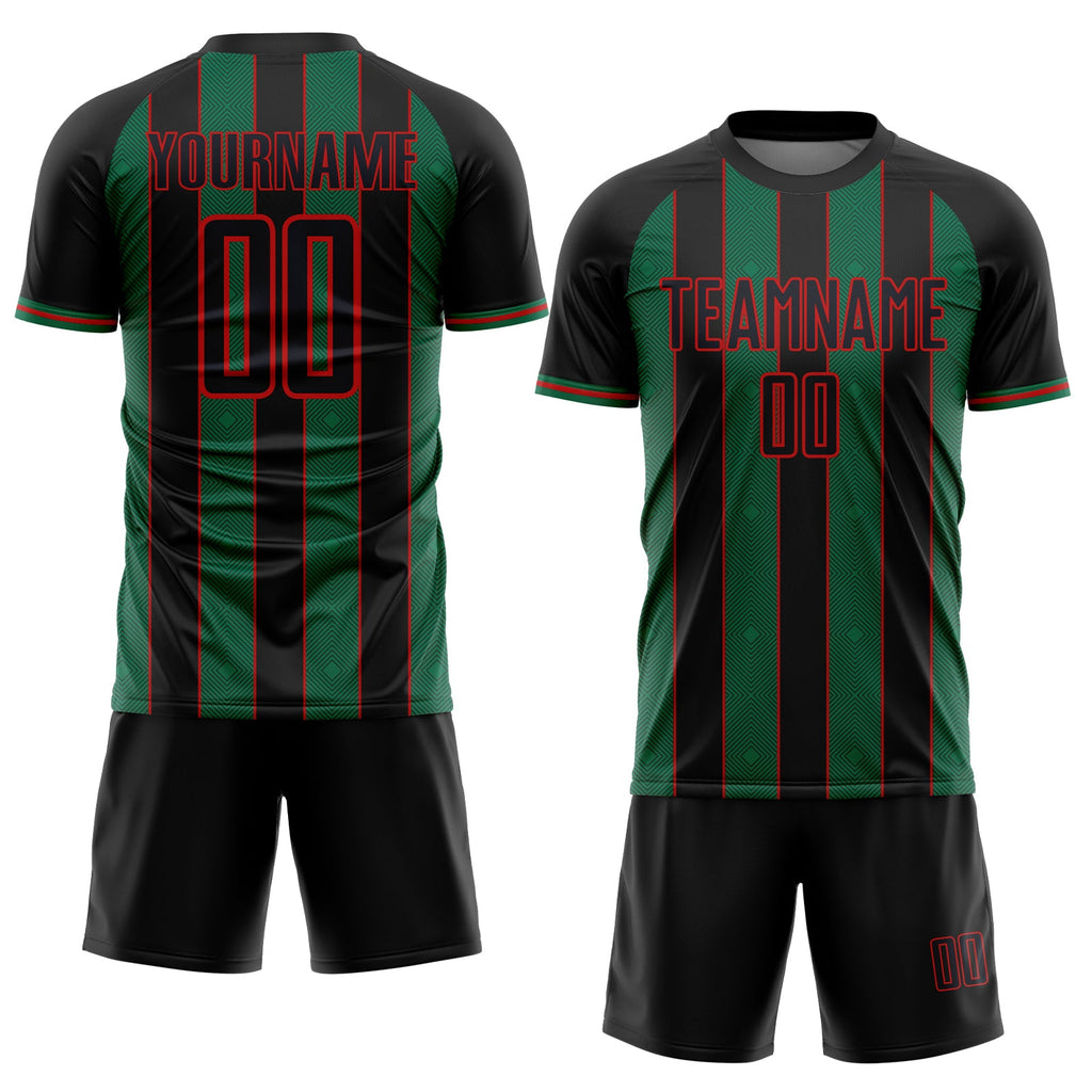 Custom Black Kelly Green-Red Pinstripe Line Sports Sublimation Soccer Uniform Jersey