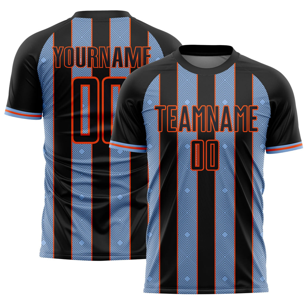 Custom Black Light Blue-Orange Pinstripe Line Sports Sublimation Soccer Uniform Jersey