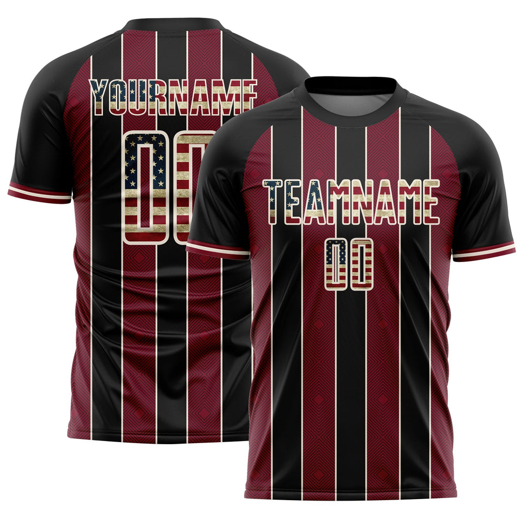 Custom Black Vintage USA Flag Crimson-Cream Pinstripe Line Sports Sublimation Soccer Uniform Jersey