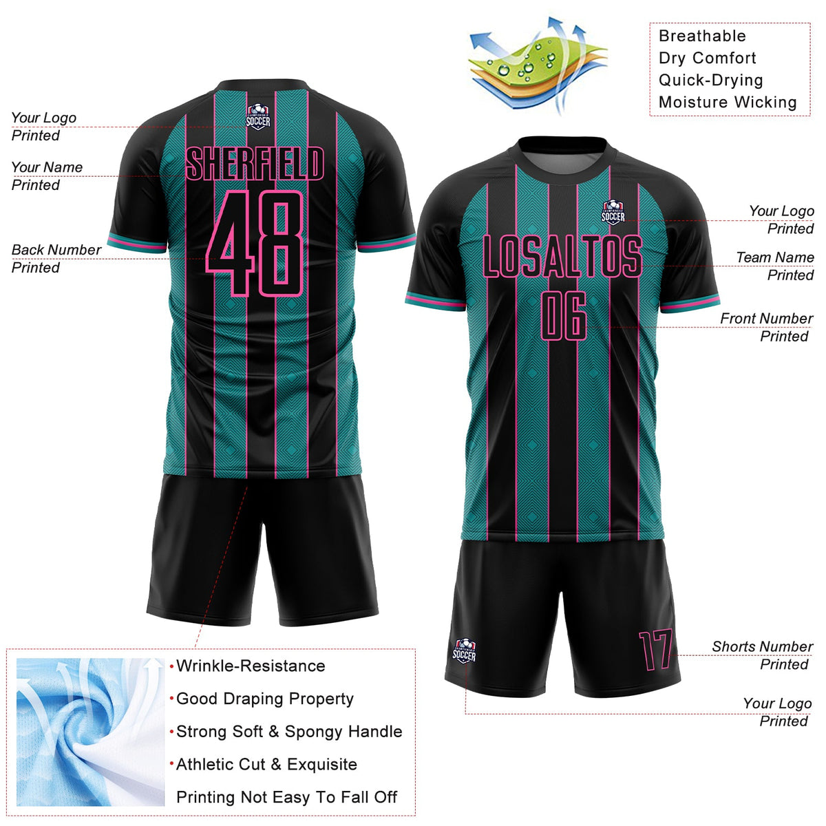 Custom Black Teal-Pink Pinstripe Line Sports Sublimation Soccer Uniform Jersey
