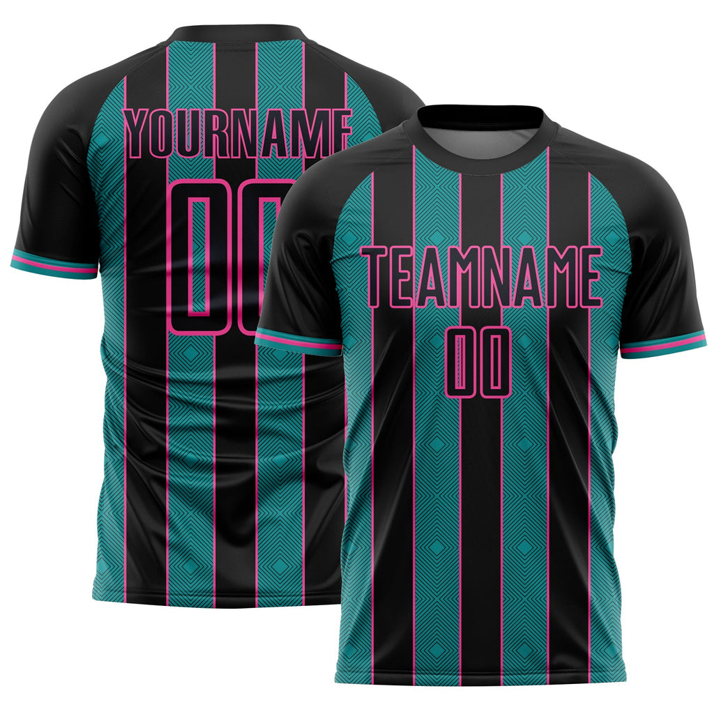 Custom Black Teal-Pink Pinstripe Line Sports Sublimation Soccer Uniform Jersey