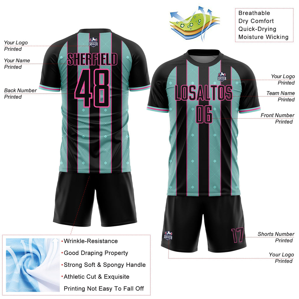 Custom Black Ice Blue-Pink Pinstripe Line Sports Sublimation Soccer Uniform Jersey