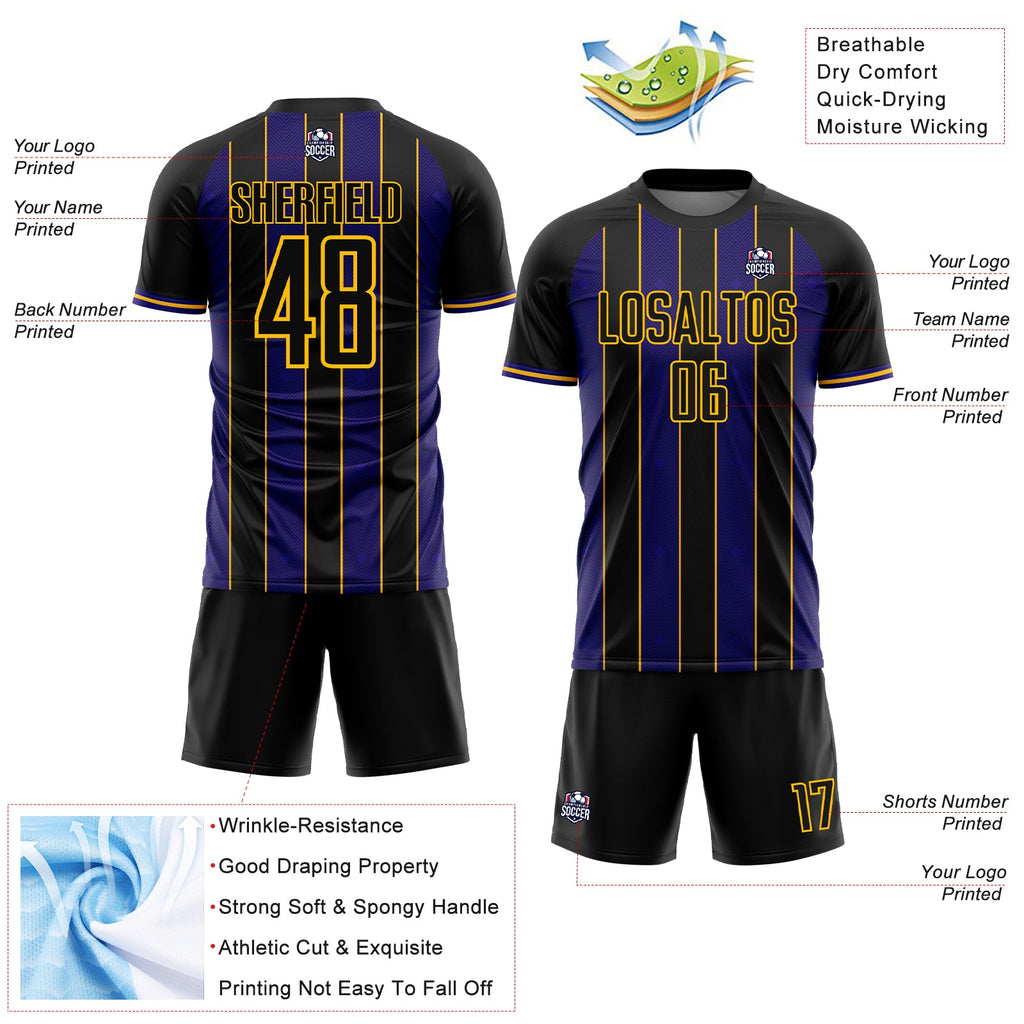 Custom Black Dark Purple-Gold Pinstripe Line Sports Sublimation Soccer Uniform Jersey