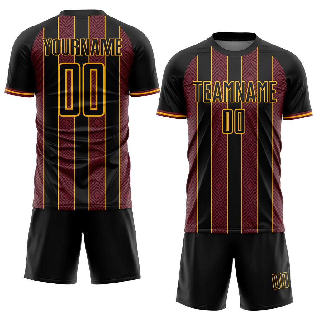 Custom Black Burgundy-Gold Pinstripe Line Sports Sublimation Soccer Uniform Jersey