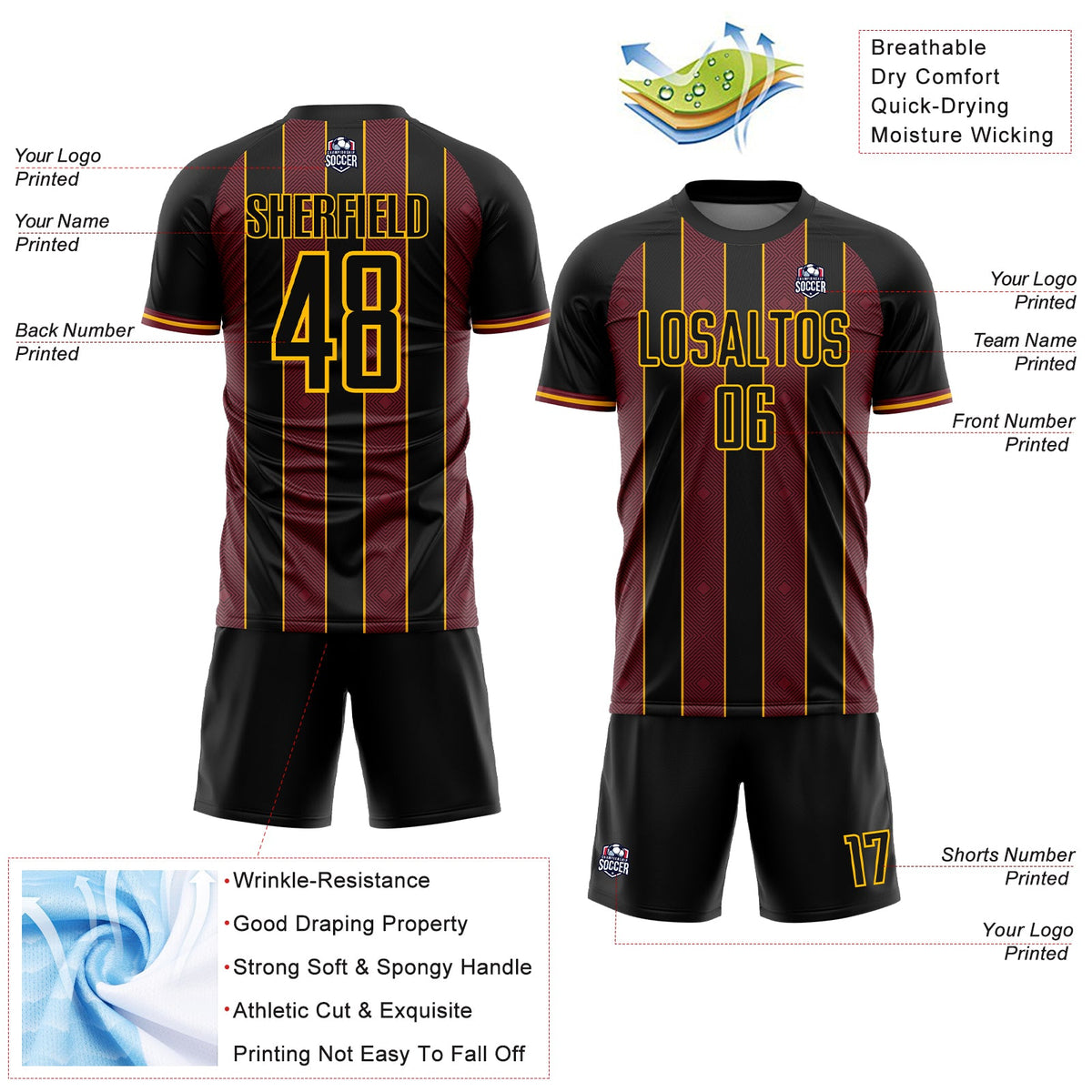 Custom Black Burgundy-Gold Pinstripe Line Sports Sublimation Soccer Uniform Jersey