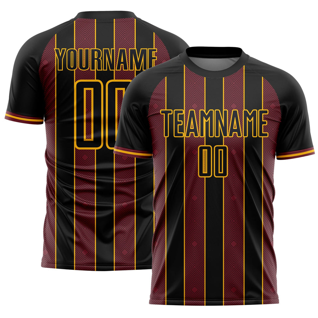 Custom Black Burgundy-Gold Pinstripe Line Sports Sublimation Soccer Uniform Jersey