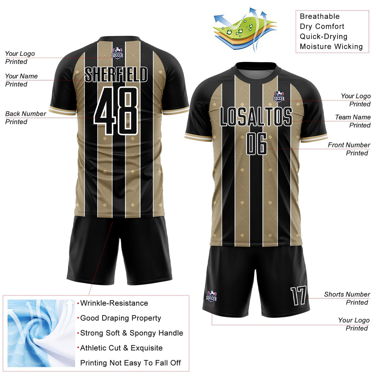 Custom Black Vegas Gold-White Pinstripe Line Sports Sublimation Soccer Uniform Jersey