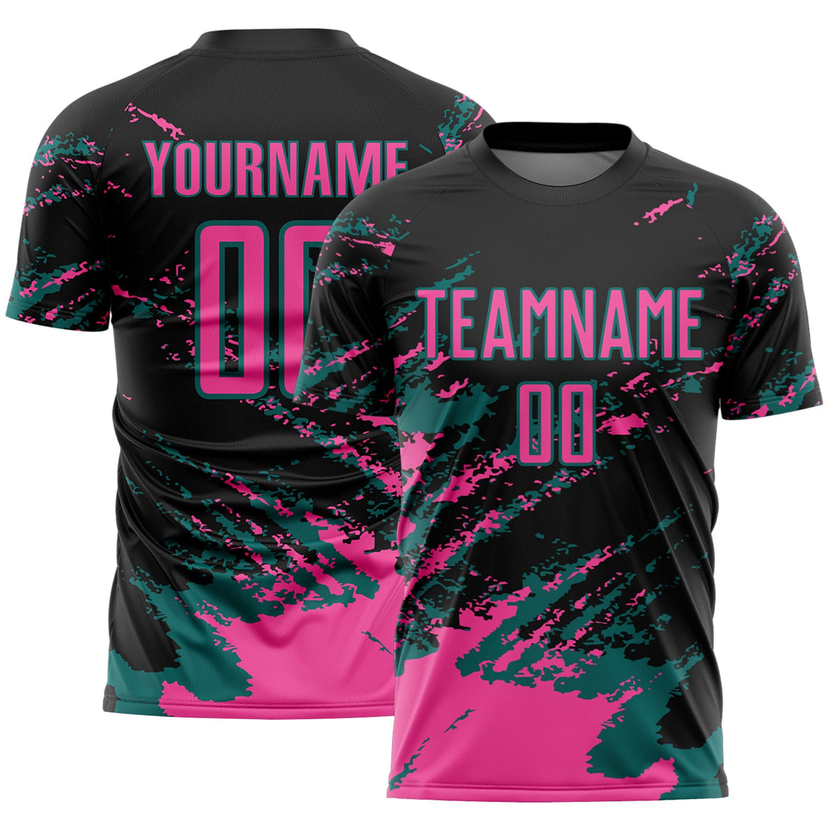 Custom Black Pink-Teal Abstract Fragment Art Splash Sports Sublimation Soccer Uniform Jersey