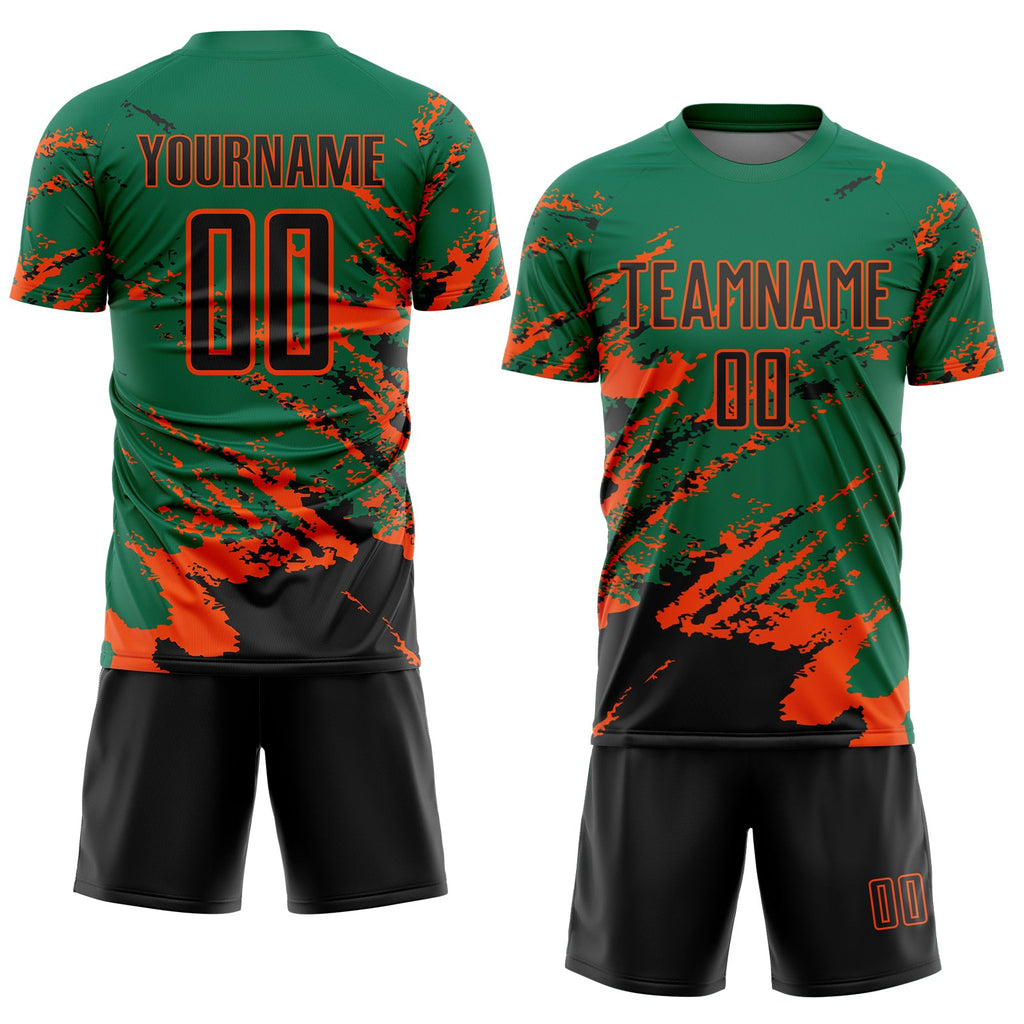 Custom Kelly Green Black-Orange Abstract Fragment Art Splash Sports Sublimation Soccer Uniform Jersey