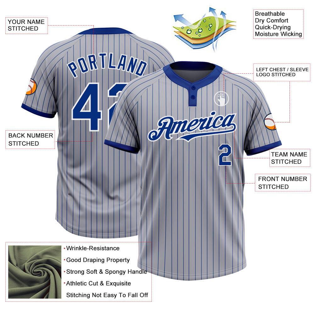 Custom Gray Royal Pinstripe White Two-Button Unisex Softball Jersey