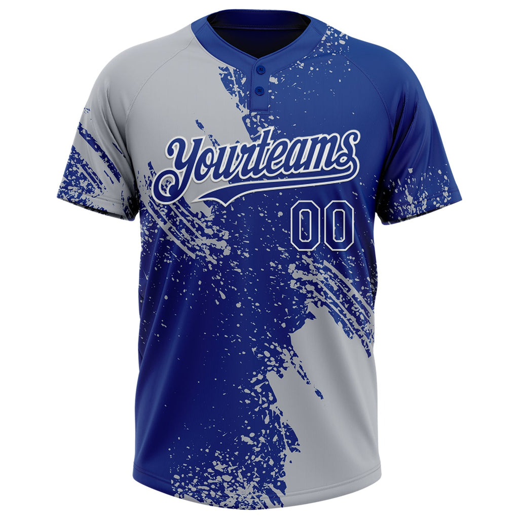 Custom Gray Royal-White 3D Pattern Abstract Brush Stroke Two-Button Unisex Softball Jersey