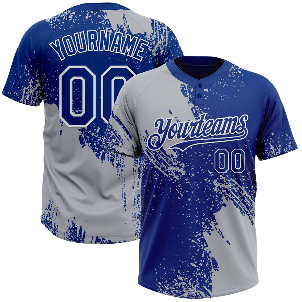 Custom Gray Royal-White 3D Pattern Abstract Brush Stroke Two-Button Unisex Softball Jersey