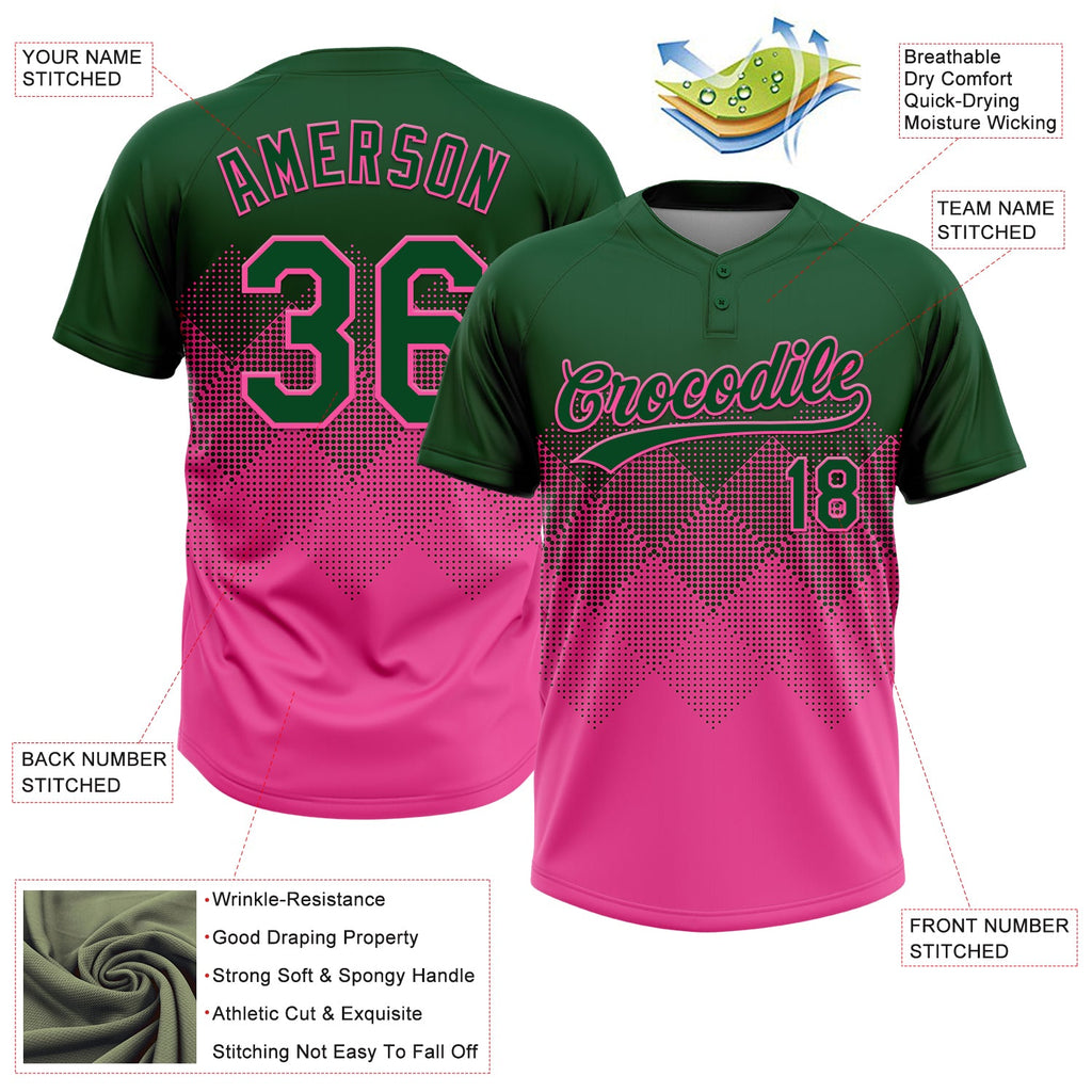 Custom Green Pink 3D Gradient Square Shape Two-Button Unisex Softball Jersey