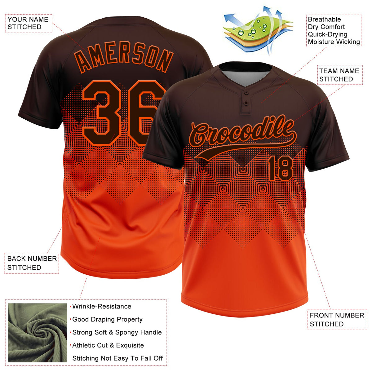 Custom Brown Orange 3D Gradient Square Shape Two-Button Unisex Softball Jersey