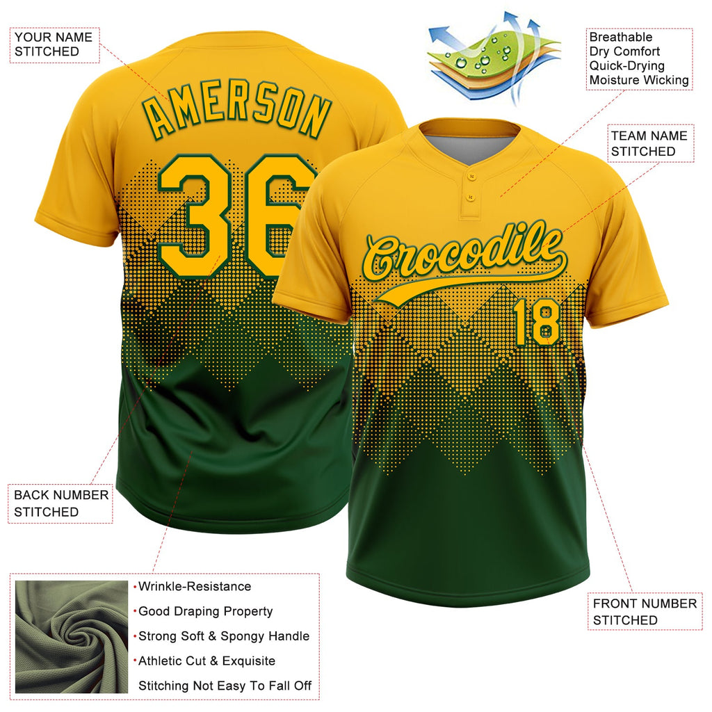 Custom Gold Green 3D Gradient Square Shape Two-Button Unisex Softball Jersey