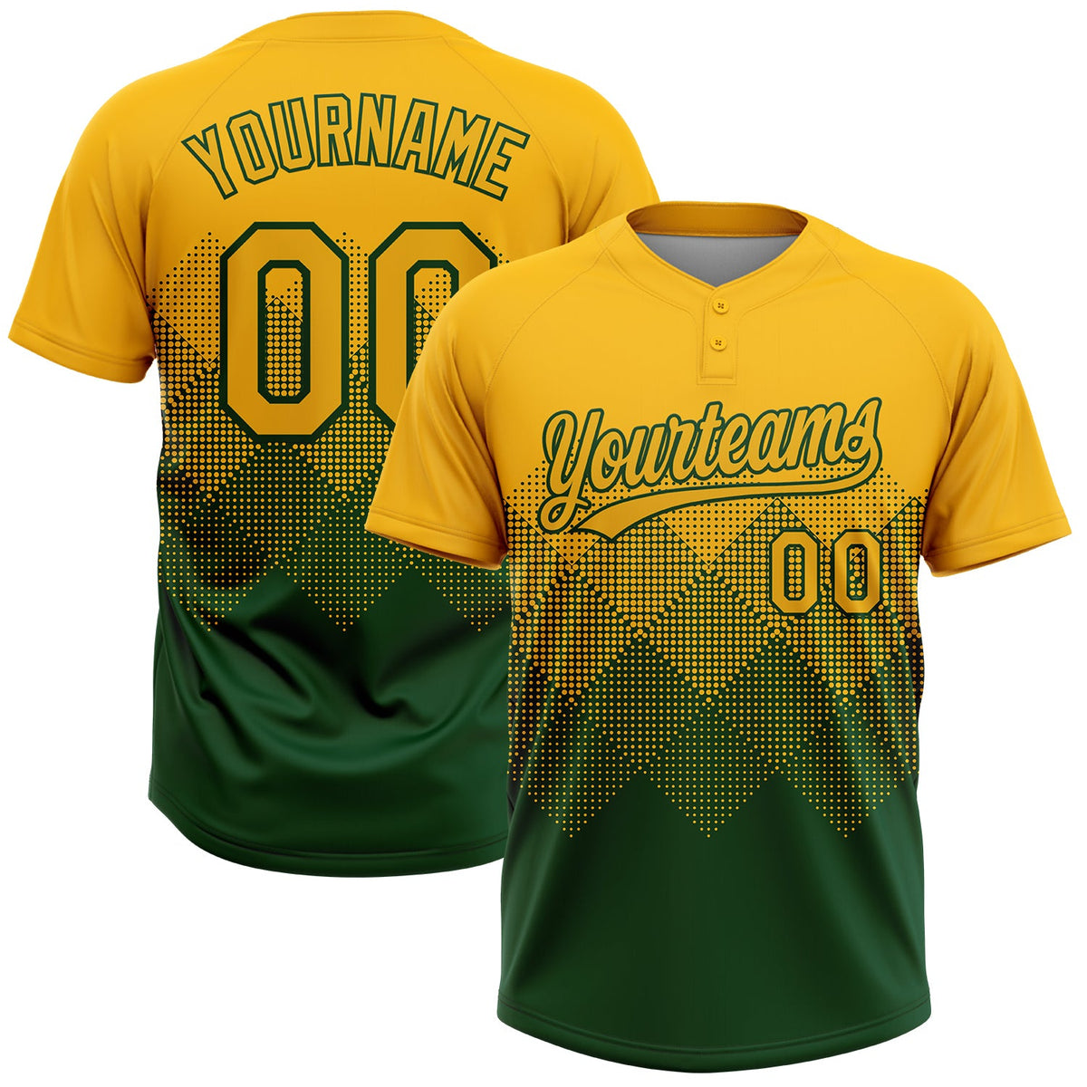 Custom Gold Green 3D Gradient Square Shape Two-Button Unisex Softball Jersey