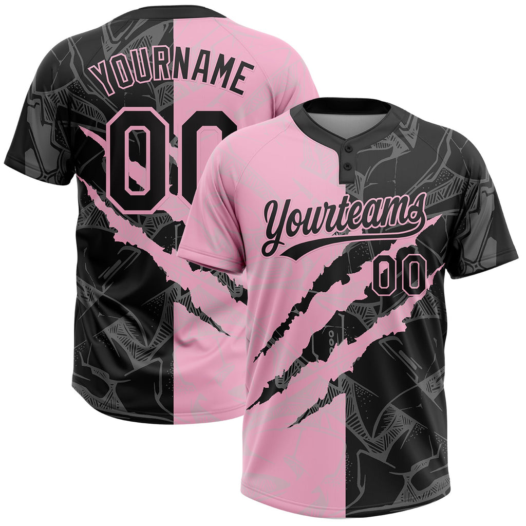 Custom Graffiti Pattern Black-Light Pink 3D Scratch Two-Button Unisex Softball Jersey