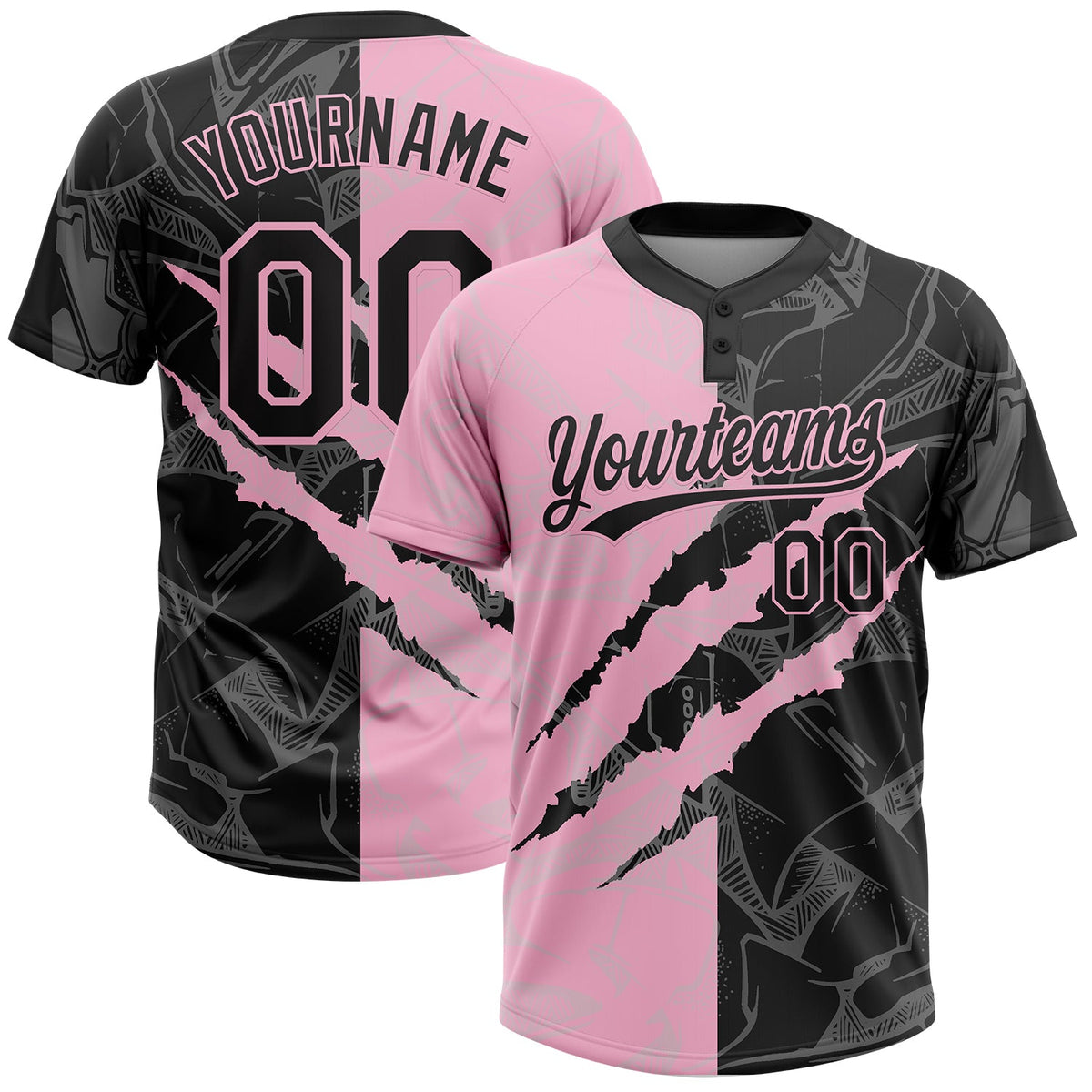 Custom Graffiti Pattern Black-Light Pink 3D Scratch Two-Button Unisex Softball Jersey