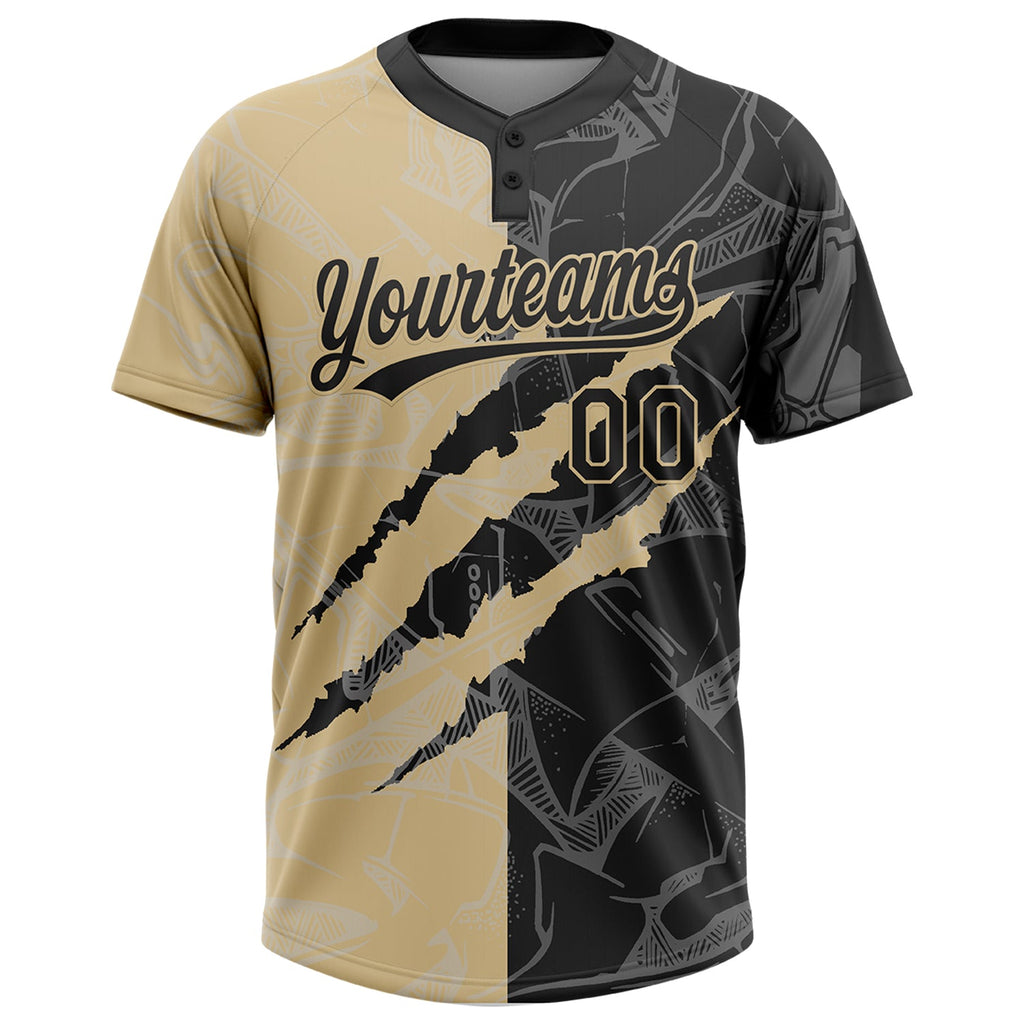 Custom Graffiti Pattern Black-Vegas Gold 3D Scratch Two-Button Unisex Softball Jersey