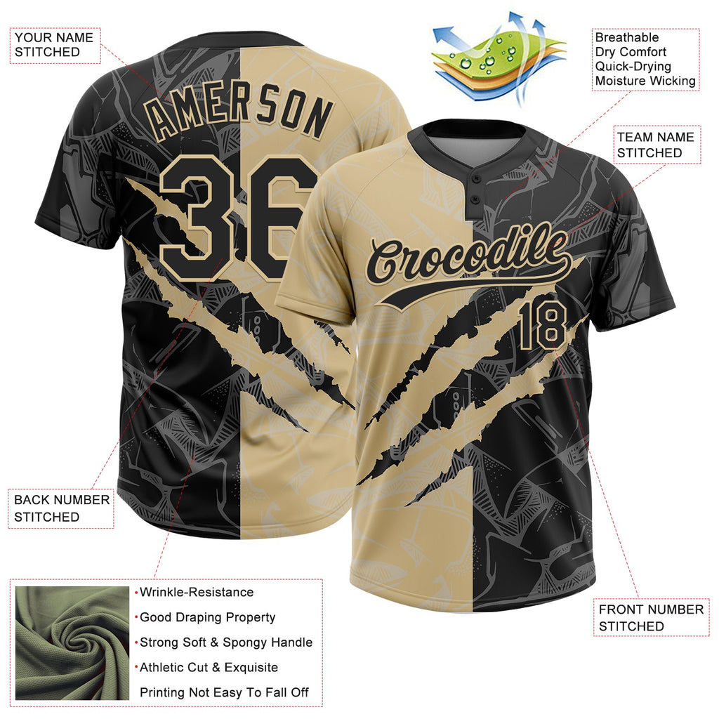 Custom Graffiti Pattern Black-Vegas Gold 3D Scratch Two-Button Unisex Softball Jersey