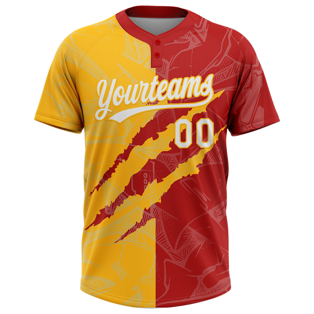 Custom Graffiti Pattern White Red-Gold 3D Scratch Two-Button Unisex Softball Jersey
