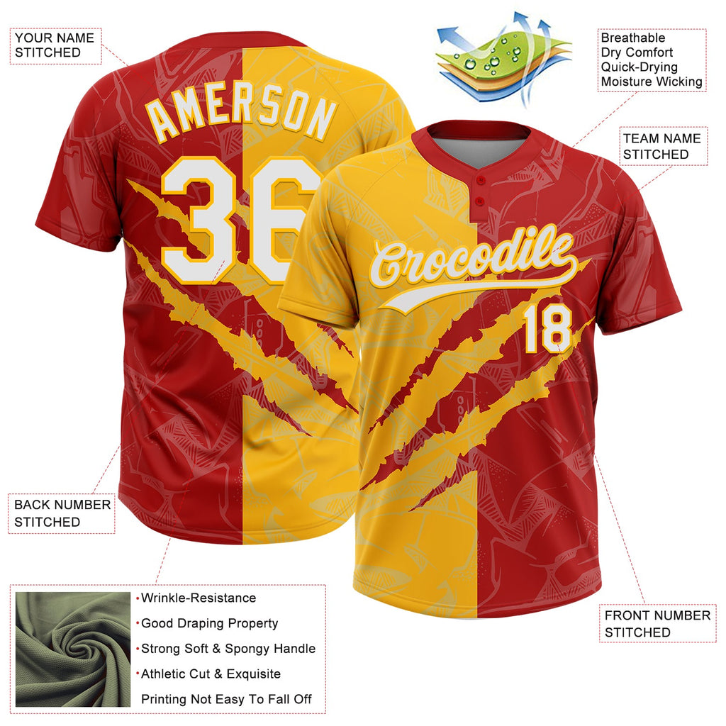 Custom Graffiti Pattern White Red-Gold 3D Scratch Two-Button Unisex Softball Jersey