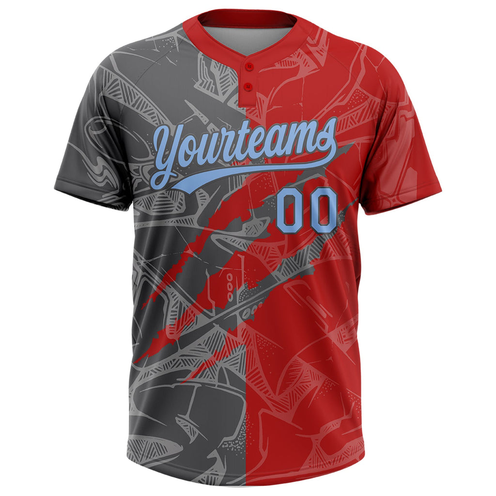 Custom Graffiti Pattern Light Blue Red-Steel Gray 3D Scratch Two-Button Unisex Softball Jersey