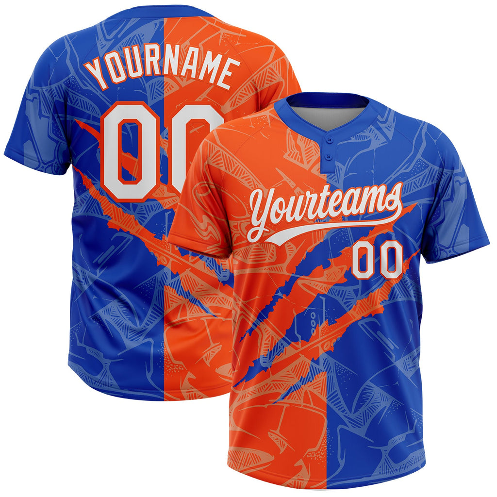 Custom Graffiti Pattern White Thunder Blue-Orange 3D Scratch Two-Button Unisex Softball Jersey